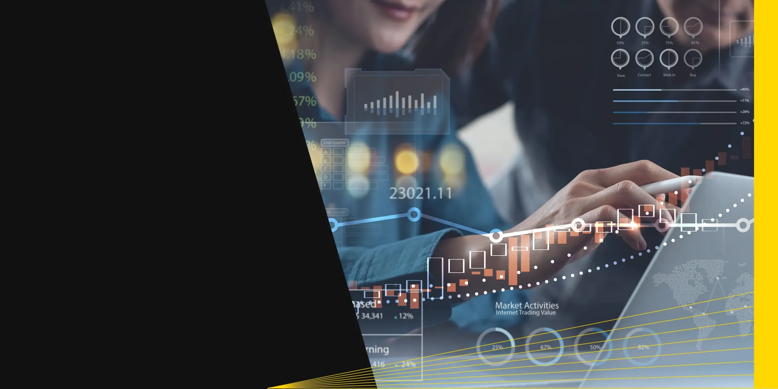 Stock market charts on a screen overlaying an investment management professional working on a client’s long-term portfolio growth.